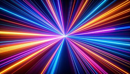 Dynamic light trails streak outward in a burst of blue, orange, and pink, creating a sense of speed