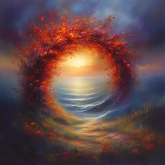 Fototapeta premium Autumnal portal, sunset over ocean, path leading to light