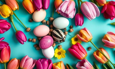 A vibrant Easter tableau unfolds on a pristine turquoise backdrop A top-down perspective reveals a cluster of pastel-hued Easter quail eggs nestled among a bed of cheerful colorful tulips The eggs 