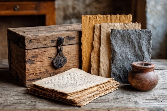 Old manuscripts a chest and earthenware pot