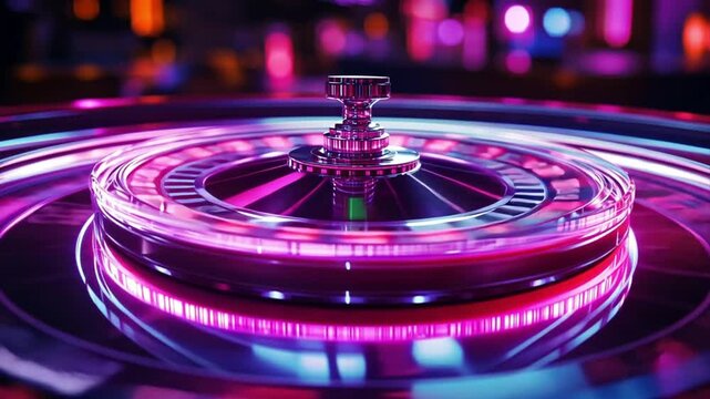 An immersive close up capturing the alluring spin of a roulette wheel bathed in vivid neon lights, epitomizing the thrilling atmosphere of chance and risk