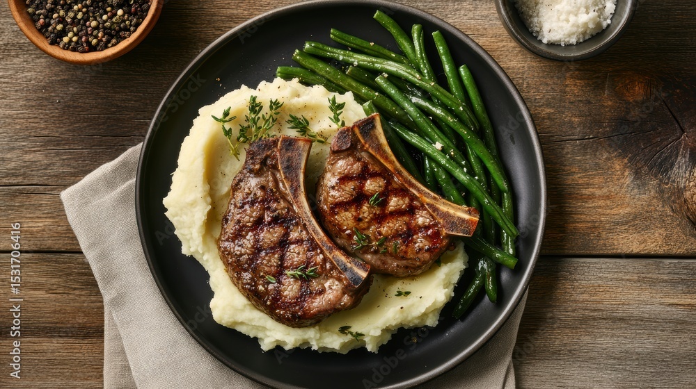 Poster grilled pork chops served with creamy mashed potatoes and green beans on a dark plate.