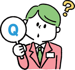 クエスチョンマークを持つスーツの男性