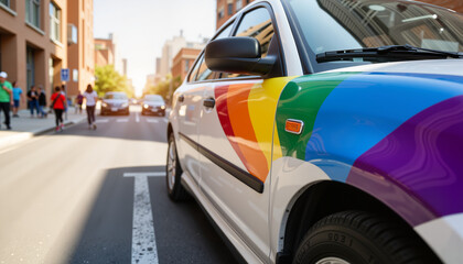 Pride-themed car driving through city street