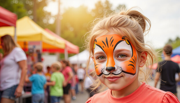 Girl with tiger face paint smiling at a festival background