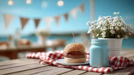 Stylish table setting with beautiful spring flowers, fruit drink and pie in garden