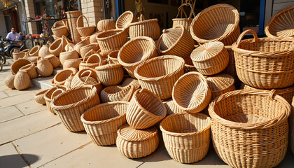 Woven baskets stacked on display outside a shop