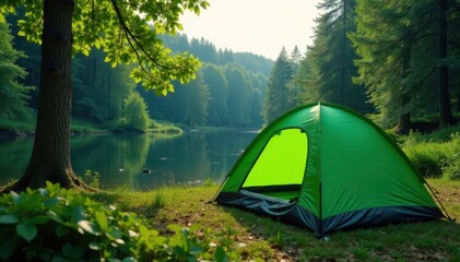 Green tent pitched near river, forest backdrop, canvas, escape, getaway