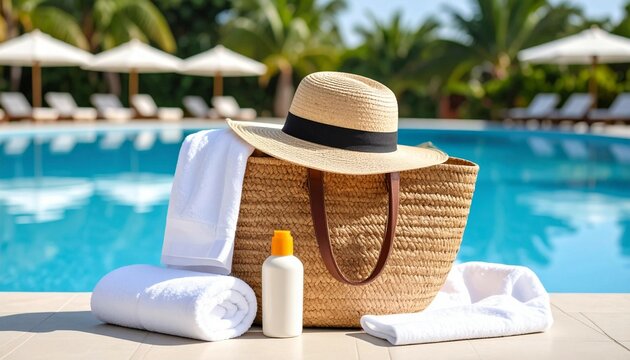 Swimming pool essentials concept. Beach bag with items for safe sunbathing near swimming pool, white blanket and sunscreen product