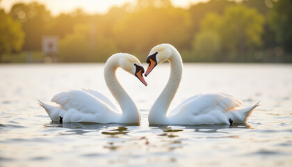 Obraz premium Swans in love forming a heart on a serene lake