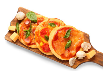 Board with different tasty mini pizzas on white background