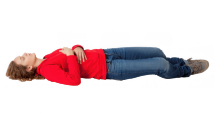 Casual dressed woman lying on the floor in recovery position on a transparent background, useful for safety and first aid training purposes