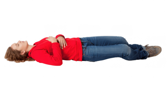 Casual dressed woman lying on the floor in recovery position on a transparent background, useful for safety and first aid training purposes