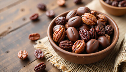 Fototapeta premium Chocolate-covered pecans and nuts in a wooden bowl