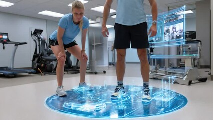 Dynamic fitness and healthcare assessment: A man and woman stand on a illuminated circular platform during a fitness assessment and healthcare testing in a modern, well-equipped gym.