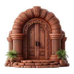 Ornate Wooden Doorway With Stone Arch And Lush Surroundings