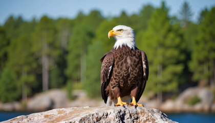 Bald eagle perched on rock by the lake