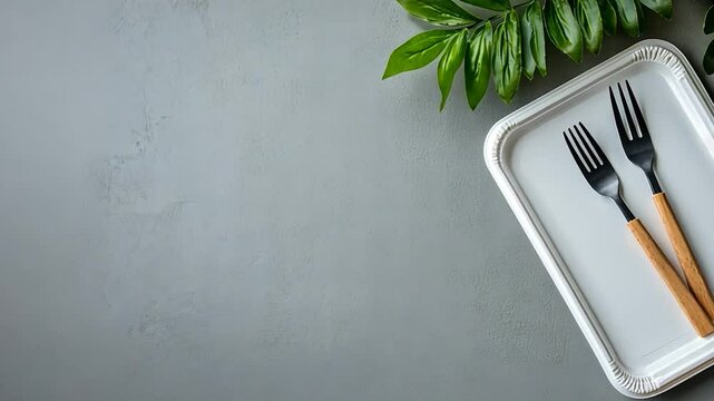 Minimalist dining modern forks on white plate with green leaves on gray surface