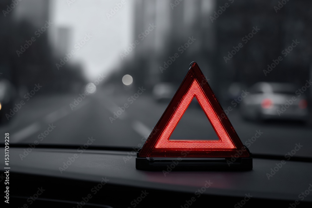 Poster Red Warning Triangle Displayed on Dashboard Signaling a Potential Issue While Driving on City Street