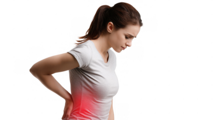 Young woman is holding her lower back in pain, a red spot highlighting the affected area, suggesting a health issue requiring medical attention, isolated on a transparent background