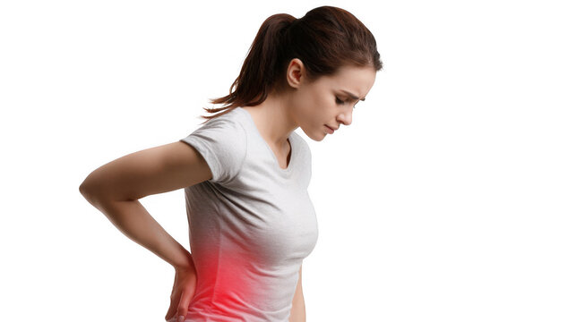 Young woman is holding her lower back in pain, a red spot highlighting the affected area, suggesting a health issue requiring medical attention, isolated on a transparent background