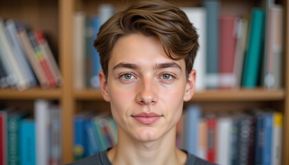 Young man with neutral expression in a library setting