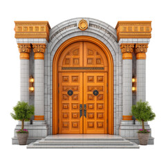 Ornate Wooden Entrance Door with Intricate Carvings and Stone Columns