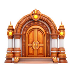 Ornate Wooden Entrance With Golden Accents And Architectural Details