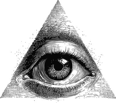Illustration of an all-seeing eye within a triangle pyramid, black and white sketch. Vector illustration