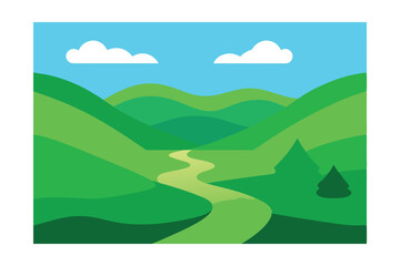 Obraz premium Minimalist Green Valley Scene with River and Hill 