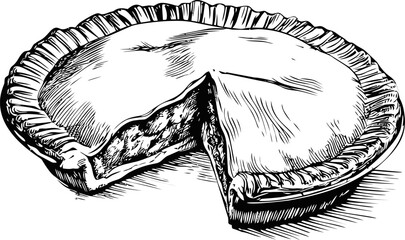 Black and white sketch of a sliced pie with detailed crust and filling. Vector illustration
