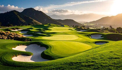 Sunlit golf course with lush green fairways, challenging sand traps, and scenic mountain backdrop.