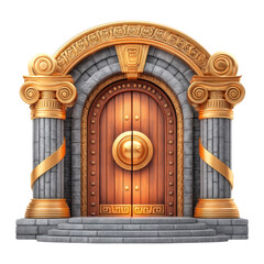 Ornate Wooden Entrance with Golden Accents and Stone Pillars