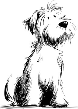 Sketch of a shaggy dog with playful expression in black and white. Vector illustration