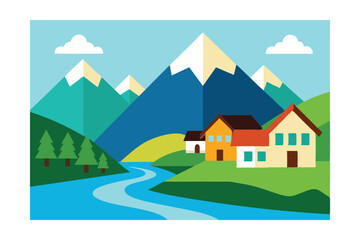 Houses on Riverbank in the Alps with Mountain View 