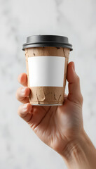 A hand holding a paper coffee cup mockup with a blank white label.