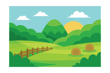 Obraz premium Green Valley Landscape with Hay Bales and Wooden Fences