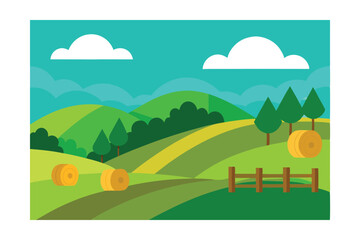 Green Valley Landscape with Hay Bales and Wooden Fences