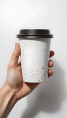 A hand holding a paper coffee cup mockup with a blank white label.
