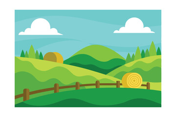Fototapeta premium Green Valley Landscape with Hay Bales and Wooden Fences