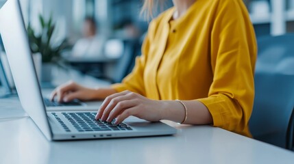 Naklejka premium Busy Receptionist Providing Efficient Service, Typing on Computer at Front Desk with Copy Space for Text