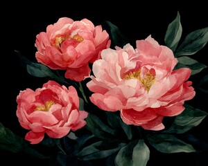 Obraz premium Watercolor Painting of Three Pink Peonies and Foliage