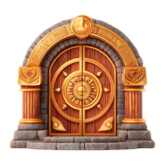 Ornately Designed Golden Door With Wooden Panels And Intricate Stone Archway