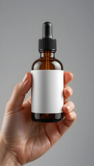 A Hand holding a glass dropper bottle mockup with blank white label.