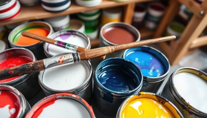 Overhead shot of multiple round paint containers with brushes resting across them