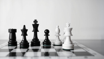 Chess pieces arranged on a board with a minimalist background