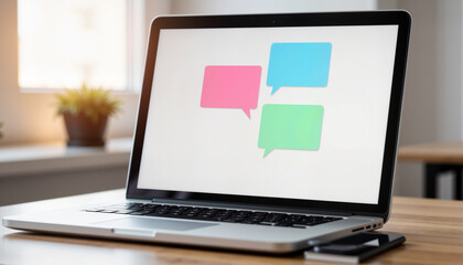 Laptop with colorful speech bubbles against bright background