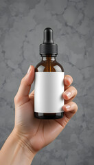 A Hand holding a glass dropper bottle mockup with blank white label.