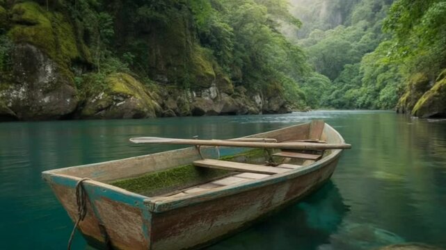 Aerial View of Boat Floating on Emerald River Between Lush Green Forest and Cliffs HD Scane