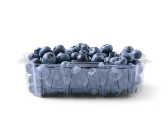 Plastic container with fresh blueberry on white background